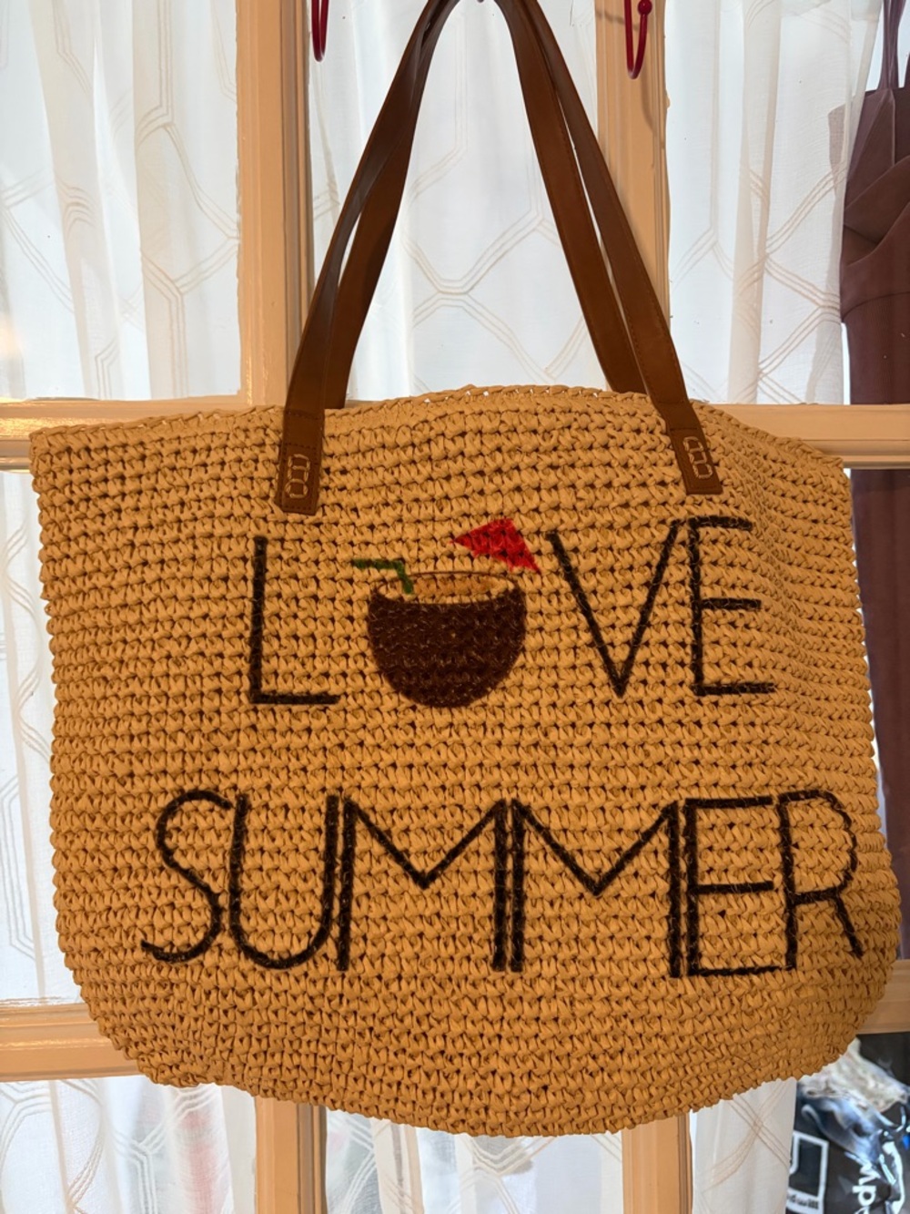 Style & Co. Cream Straw Tote with Brown Handles and Colorful Accent